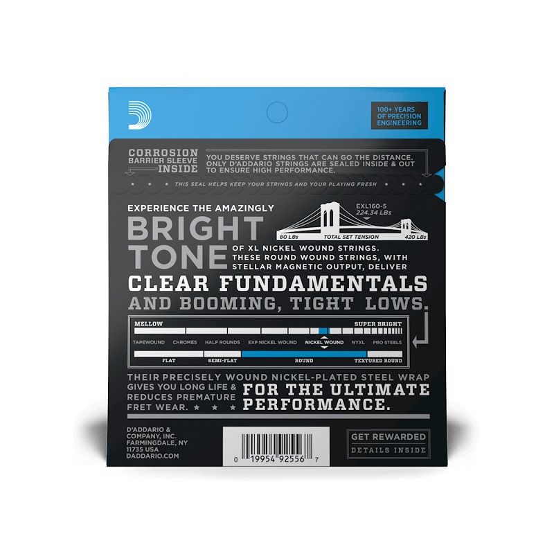 D'Addario EXL160-5 Strängset Elbas Nickel Wound 050 - 135 Medium 5-str.