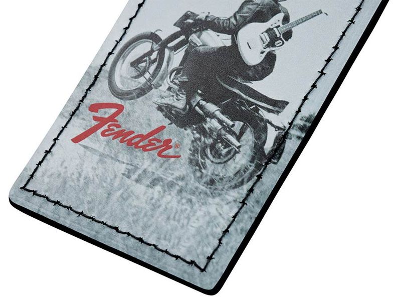 Fender vintage ad luggage tag, motorcycle rider