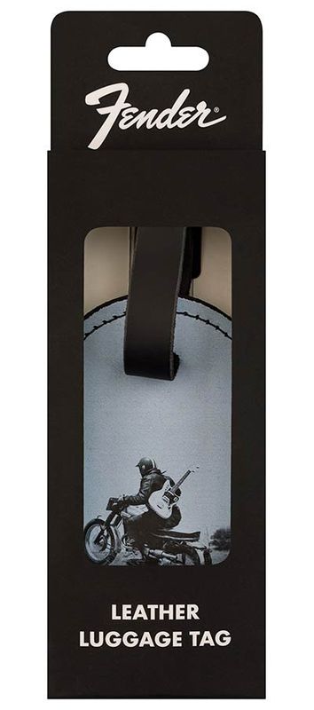 Fender vintage ad luggage tag, motorcycle rider