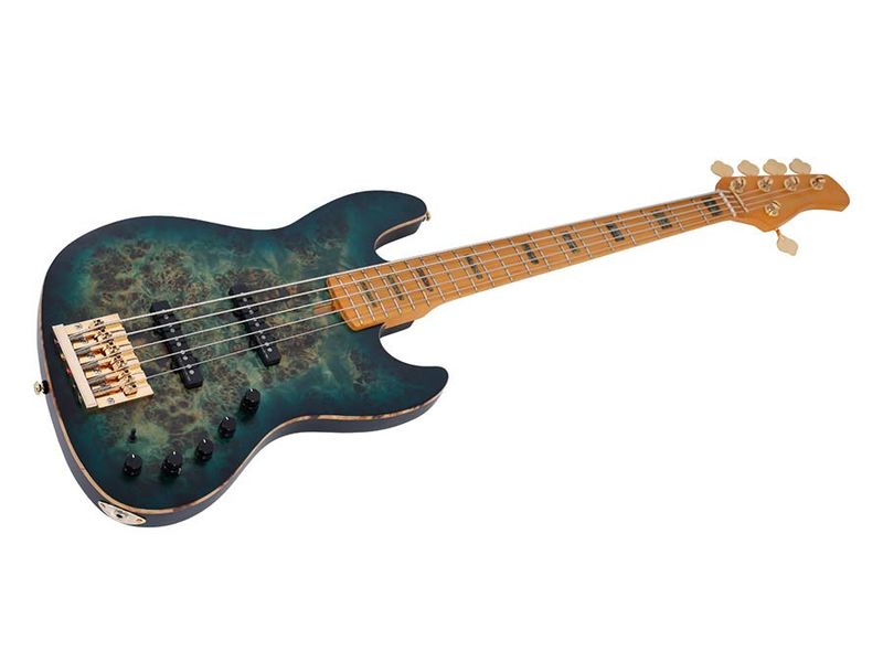 Sire V10 Series Marcus Miller swamp ash + poplar burl 5-string active bass guitar, transparent green satin, with hardcase