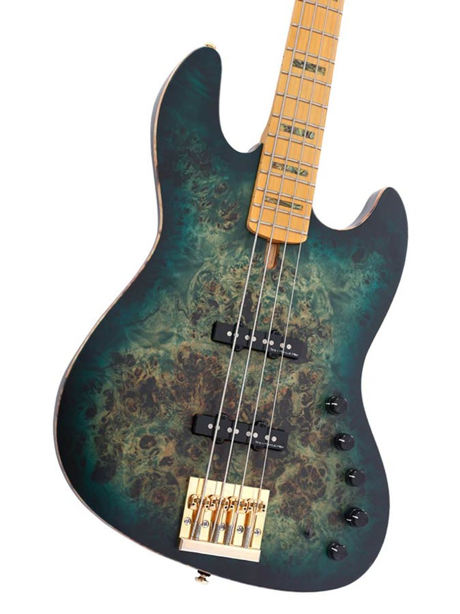 Sire V10 Series Marcus Miller swamp ash + poplar burl 4-string active bass guitar, transparent green satin, with hardcase