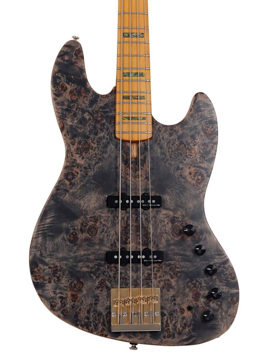 Sire V10 Series Marcus Miller swamp ash + poplar burl 4-string active bass guitar, transparent black satin, with hardcase
