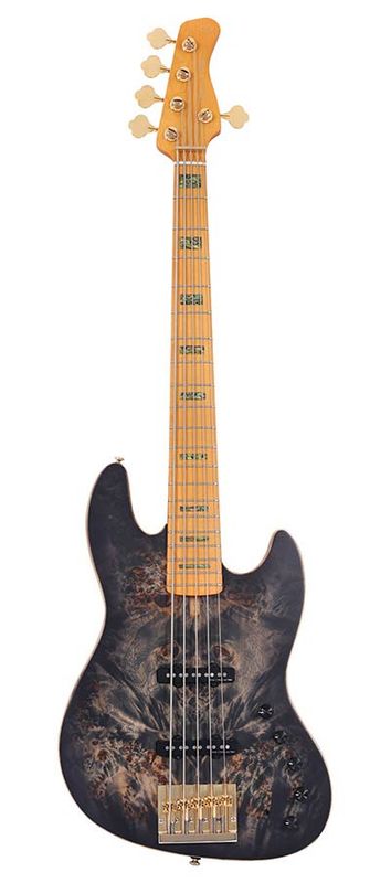 Sire V10 Series Marcus Miller swamp ash + poplar burl 5-string active bass guitar, transparent black satin, with hardcase