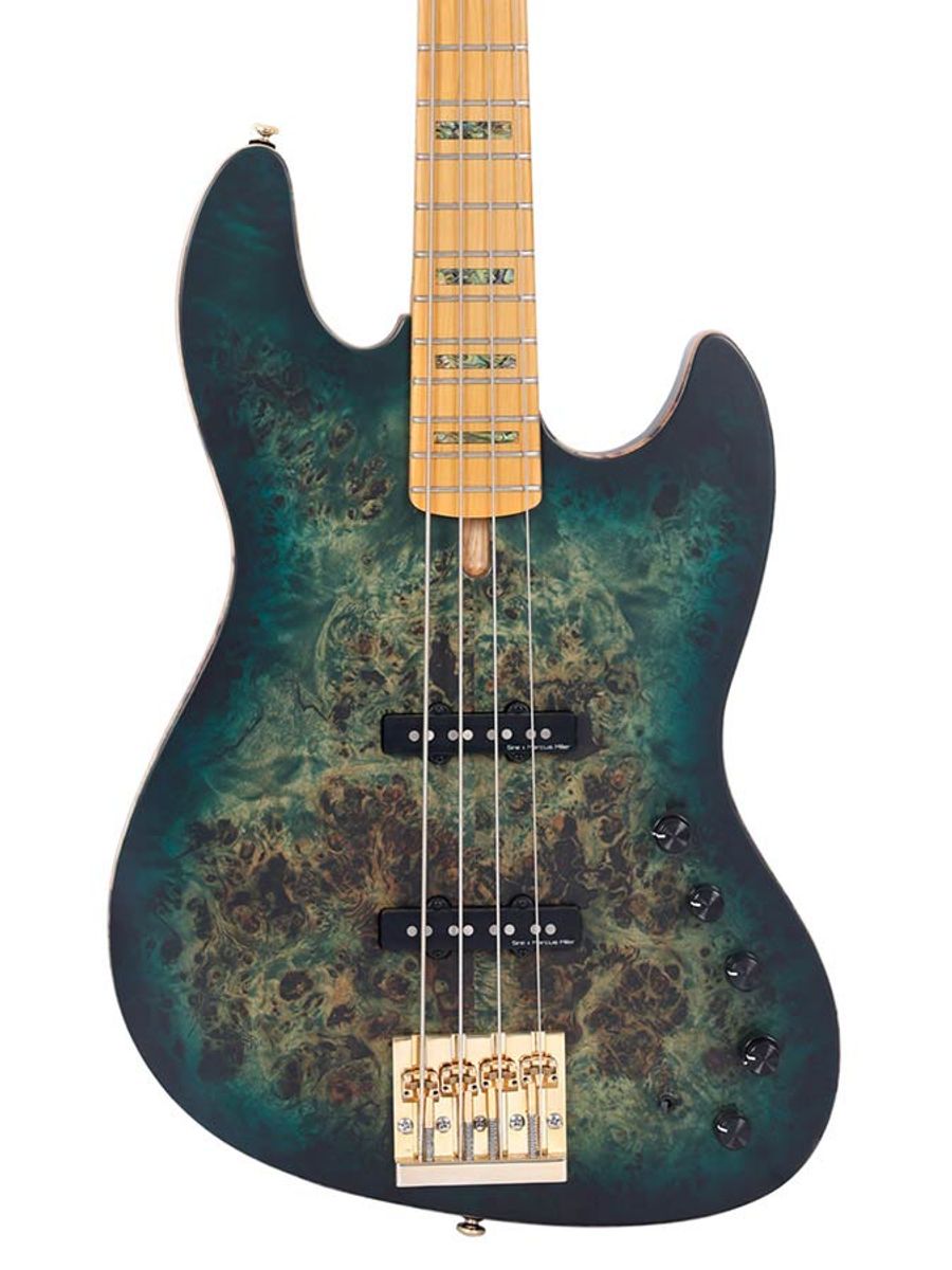 Sire V10 Series Marcus Miller swamp ash + poplar burl 4-string active bass guitar, transparent green satin, with hardcase