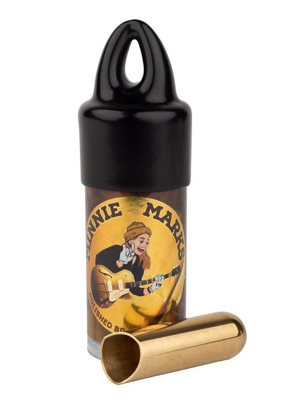 The Rock Slide polished brass Minnie Marks signature slide, hybrid balltip/open end, extra small