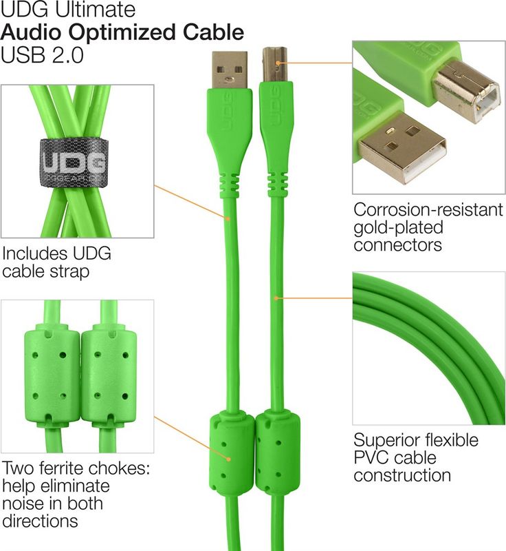 UDG Gear Ultimate Audio Cable USB 2.0 A-B Grön rak 1 m