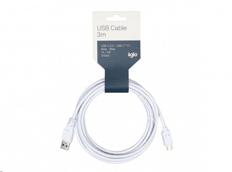 HED USB A 3.0 male to USB C male Hvit 3m